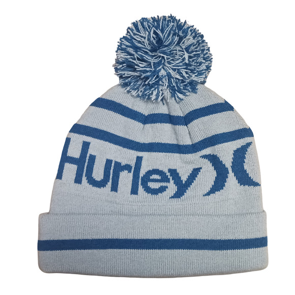 Hurley Ragland Gray Blue Pom Beanie Knit Winter Hat Cuffed Acrylic One Size New - Picture 8 of 12